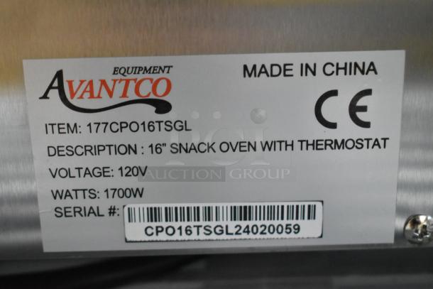 Avantco 177CPO16TSGL pizza oven label showing model, voltage, watts, and serial number. 