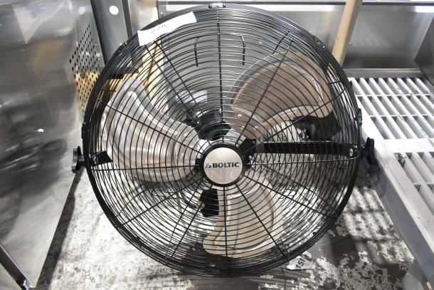 New Boltic VF-20WLF 20" wall-mounted fan, 3-speed, 120V, 1 phase, scratch and dent, model logo visible on center.