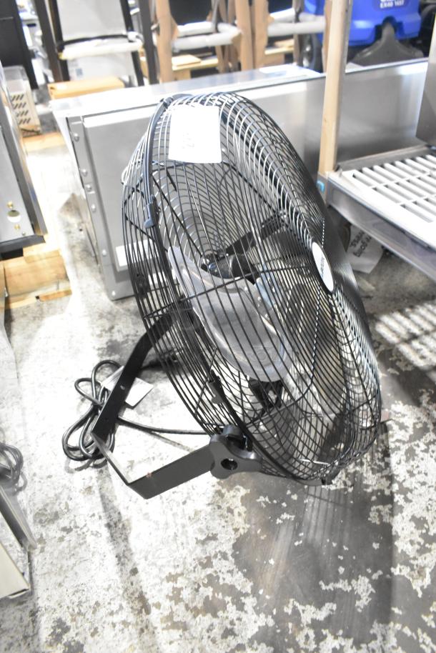 Brand new Boltic VF-20WLF 20" wall-mounted fan, 3-speed, 120V, showing minor scratches. Black metal construction.