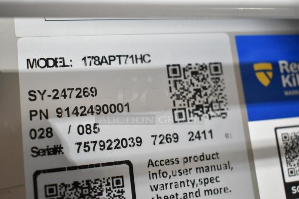 QR codes and labels on Avantco 178APT71HC commercial prep table indicating model and serial numbers.