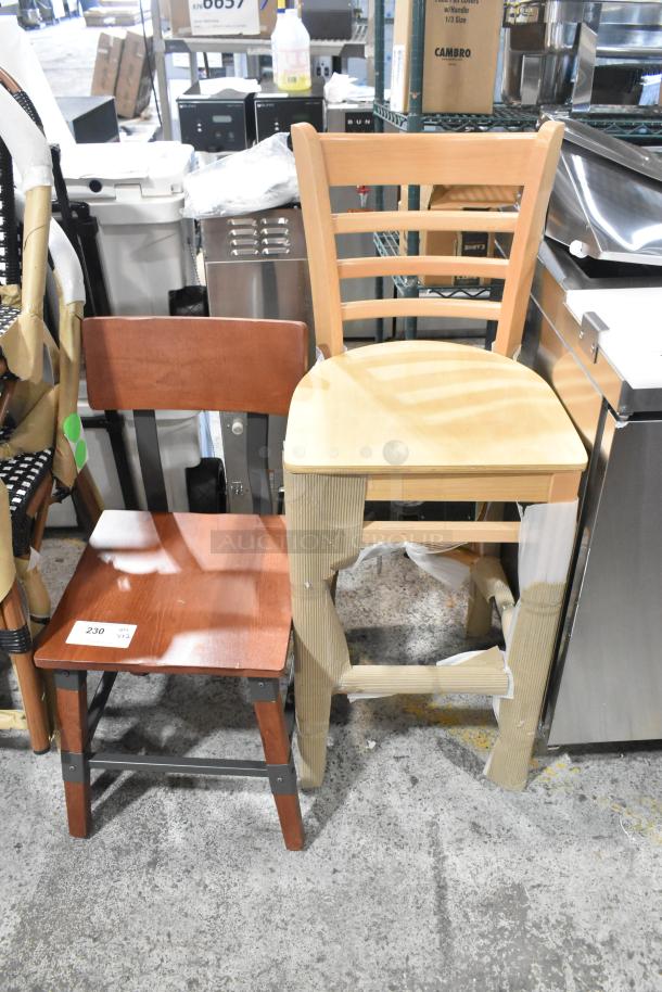 Two new wooden chairs: one dining height in dark wood and one bar height in light wood, showing minor scratches and dents.