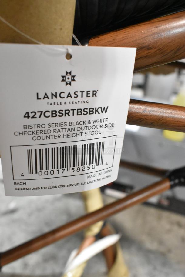 Brand new Lancaster Table & Seating Bistro Series counter height stool tag, black and white checkered rattan, model 427CBSRTBSBKW.