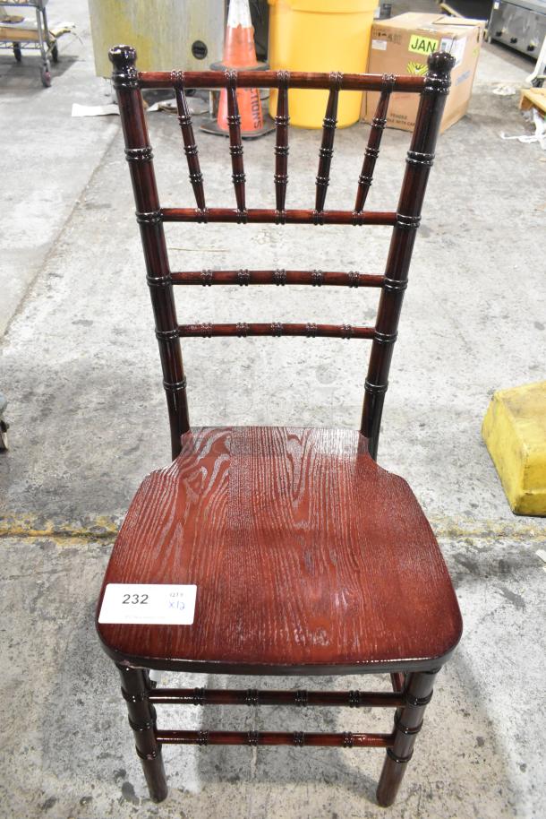 Brand new scratch and dent wood pattern dining chair, dining height, with decorative spindle design. Marked "Qty x12".