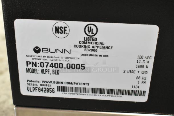 Bunn VLPF coffee brewer label, model 07400.0005. Features include 120V, 1600W, and UL certification. Serial VLPF042056.