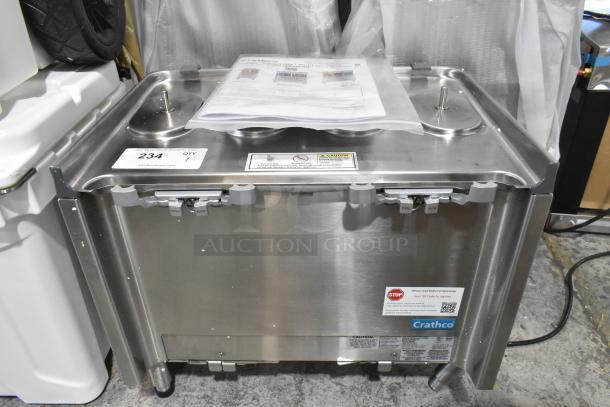 Crathco CS-2D/3D/4E-16 stainless steel beverage machine base, new scratch and dent, 120V, 1 phase, labels visible.