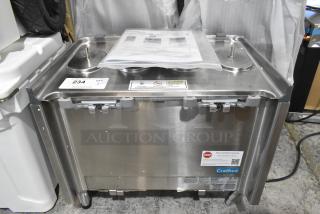 Crathco CS-2D/3D/4E-16 stainless steel beverage machine base, new scratch and dent, 120V, 1 phase, labels visible.