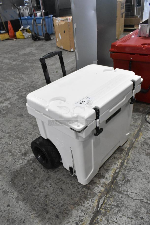Brand new CaterGator CG35WHW white 35 Qt. mobile rotomolded cooler with wheels, minor scratches, durable latches.