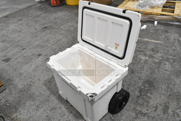 BRAND NEW CaterGator CG35WHW White 35 Qt. Mobile Rotomolded Cooler, scratch and dent, with wheels and secure lid seal.