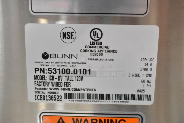 Label on Bunn 53100.0101 BrewWISE ICB-DV coffee brewer shows model, 120V, 1PH, serial number ICB0130522, NSF and UL listings.