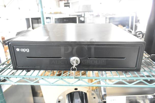 BRAND NEW APG Arlo EKDS320-1-B410-A20 16" x 16" black cash drawer with key, drawer stuck, label on front, scratch and dent condition.
