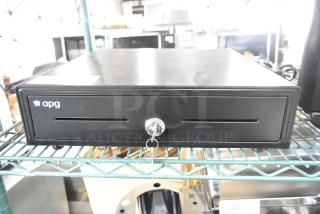 BRAND NEW APG Arlo EKDS320-1-B410-A20 16" x 16" black cash drawer with key, drawer stuck, label on front, scratch and dent condition.