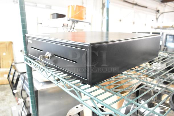 BRAND NEW SCRATCH AND DENT APG Arlo EKDS320-1-B410-A20 16" x 16" black cash drawer, stuck drawer, includes key.