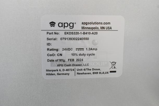 BRAND NEW APG Arlo EKDS320-1-B410-A20 16"x16" black cash drawer, stuck drawer, visible label with specs and serial number.