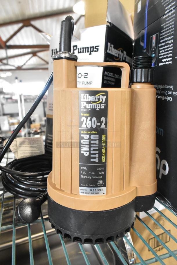 Brand new Liberty Pumps 260-2 manual utility pump, 1/6 hp, 115V, with 3/4" adapters. Scratch and dent condition.