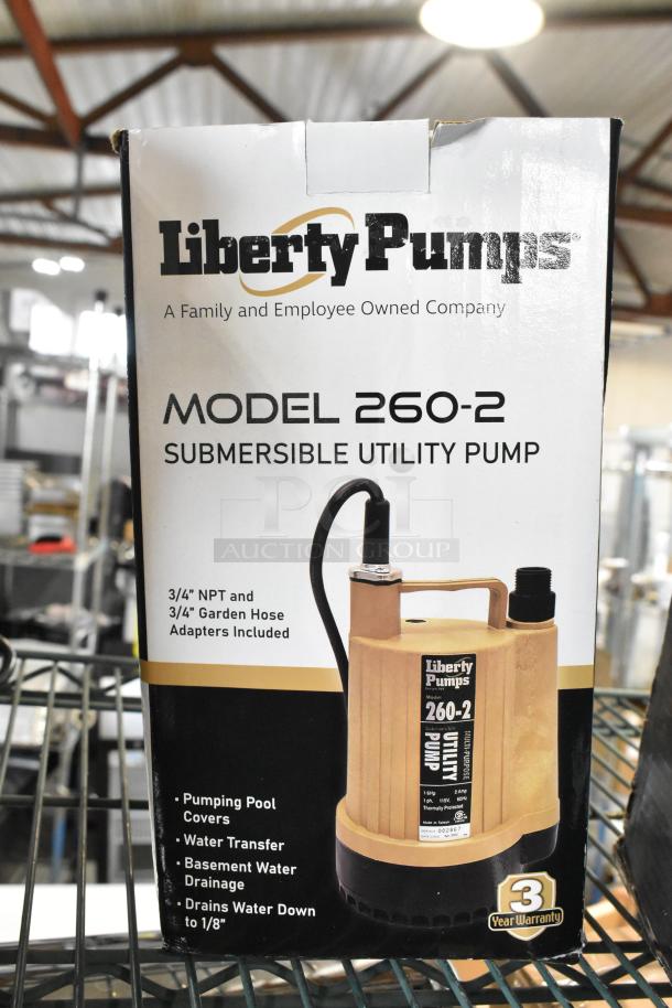 BRAND NEW Liberty Pumps 260-2 Manual Utility Pump, 1/6 hp, 115V, includes 3/4" hose adapters, slight box damage.