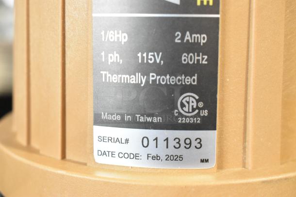 Liberty Pumps 260-2 Utility Pump label showing power, voltage, serial number 011393, and date code Feb 2025.