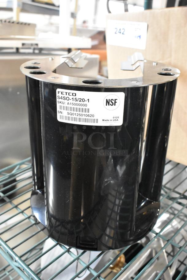 Brand new Fetco S4SO-15/20-1 server satellite stand with scratch and dent condition. Features visible label with SKU A15000000, SN SQ0125010620, NSF certified. Made in USA.