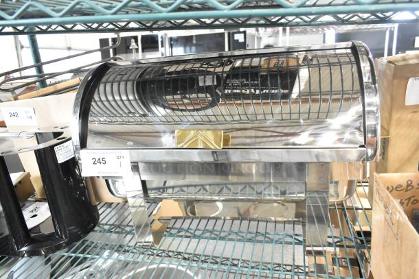 Brand new stainless steel chafer with drop-in and roll-top, scratch and dent condition. Item tag number 245 visible.