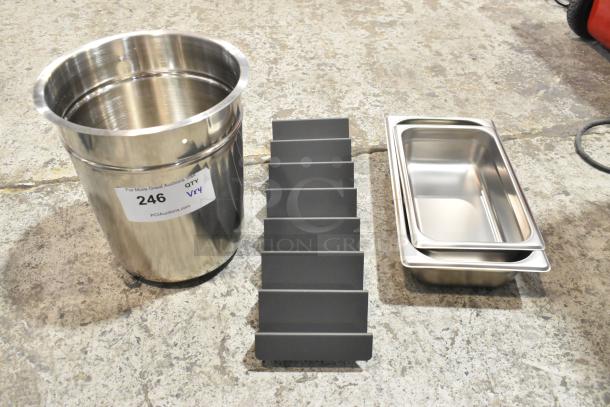 Stainless steel drop-in bins and metal holder, brand new, scratch and dent, visible sticker with auction tag "246."