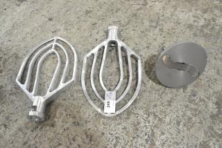 3 brand new scratch and dent items: 2 metal commercial paddle attachments for Hobart mixer, pelican head slicing blade.