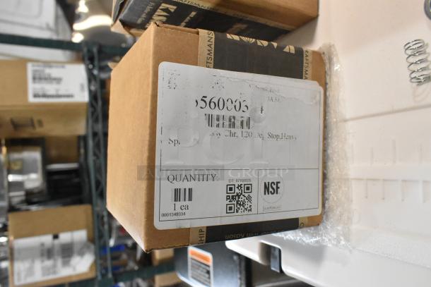 Brown box labeled with NSF certification and barcode, containing a new Kason® 1556-000304 hinge, part of scratch and dent sale.