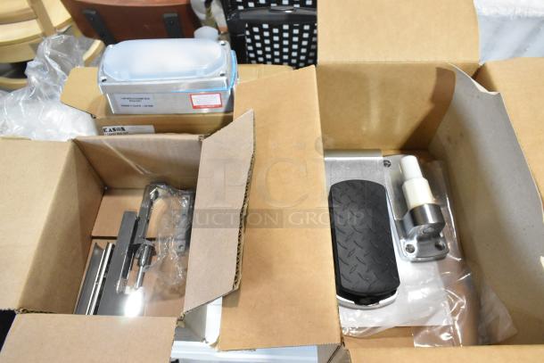 Three brand new Kason® items in boxes: 1467-R00014 Hinge, 1346-000005 Lift Off Hinge, 11808FMA100 LED Fixture 120V.