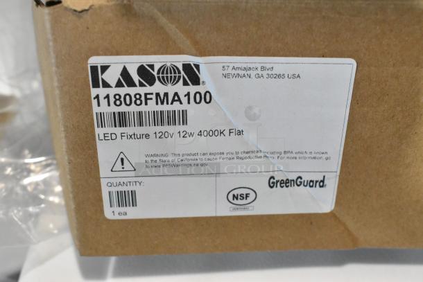 Kason® 11808FMA100 LED Fixture, 120V, 12W, 4000K Flat, new in box with label, includes caution and certification marks.
