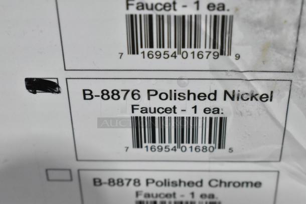 Alt text: Label for Bobrick B-8876 Polished Nickel Faucet showing barcode and product details.