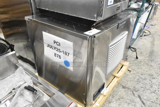 Brand new Scotsman MC0330SA-1A stainless steel ice machine, 400 lb capacity, scratch and dent, on display with tags.