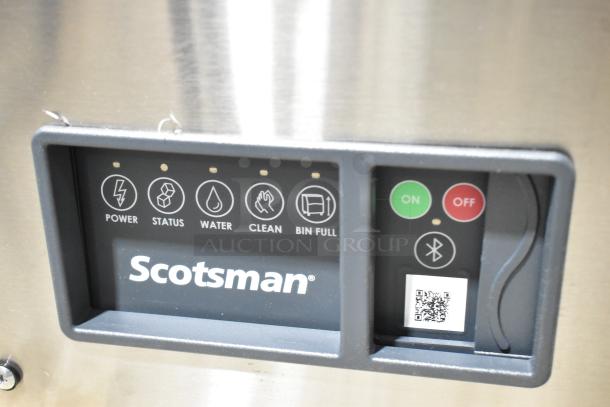 "Scotsman MC0330SA-1A Ice Machine control panel with power, status indicators, and on/off buttons, stainless steel finish."