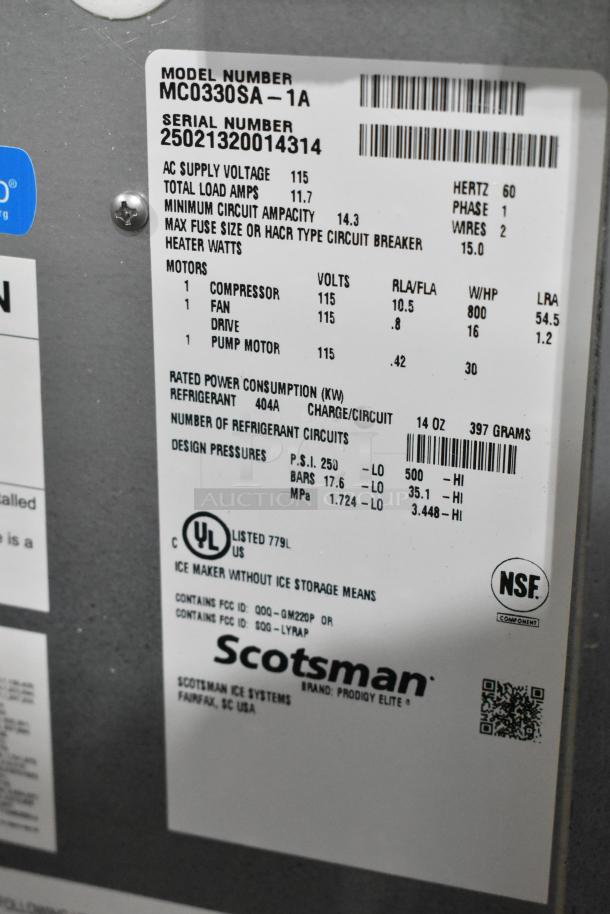 Label of Scotsman MC0330SA-1A Ice Machine detailing specifications: voltage 115, total load amps 11.7, refrigerant R404A.