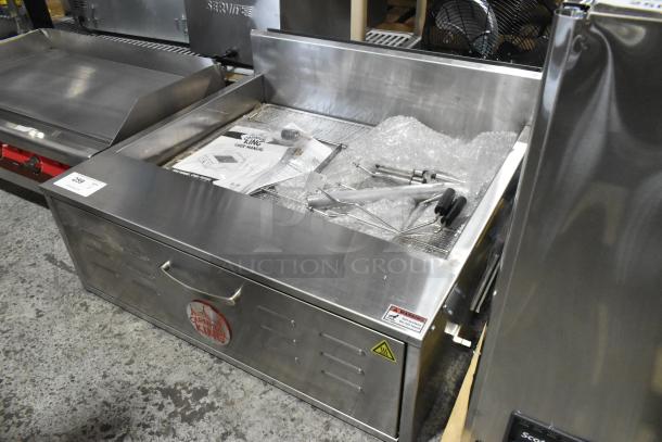BRAND NEW 2024 Carnival King 382DFCG32N stainless steel countertop fryer, 40 lb., liquid propane, 75,000 BTU, with manual.