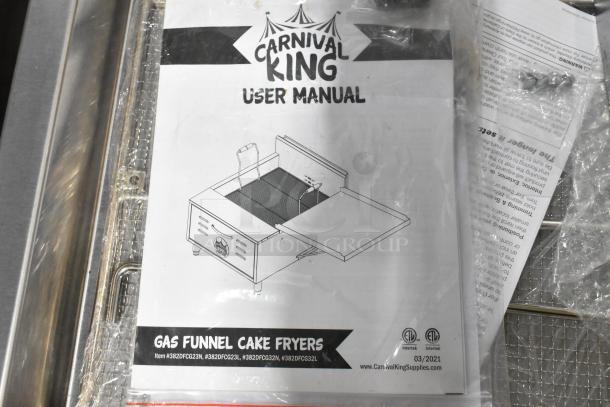 BRAND NEW Carnival King 382DFCG32N 40 lb. stainless steel funnel cake fryer with user manual, 75,000 BTU, liquid propane.