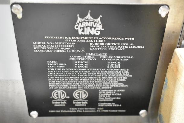 Carnival King 382DFCG32N stainless steel funnel cake fryer, model details on label, propane, 75,000 BTU, scratch and dent condition.