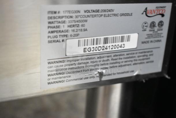 Brand new Avantco 177EG30N stainless steel 30" electric countertop griddle, 208/240V, 1 phase, scratch and dent condition.