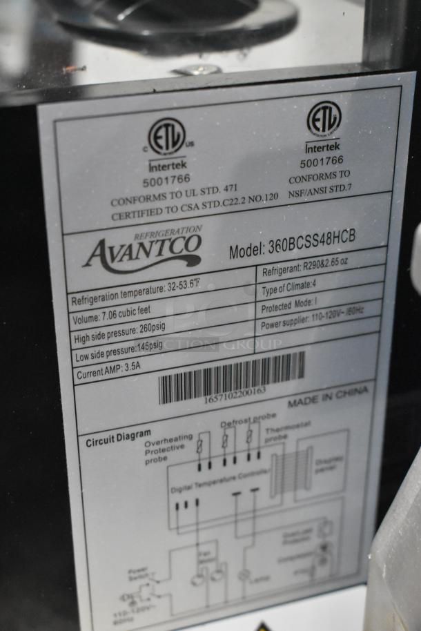 Avantco 360BCSS48HCB 48" bakery display case label showing electrical and refrigerant specs, ETL certifications.