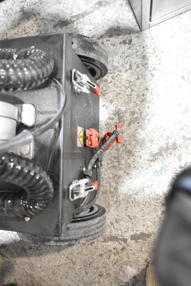 Lavex 274AFS3BAT 13" AGM cordless walk-behind disc floor scrubber, scratch and dent, visible cables and connectors on wheels.