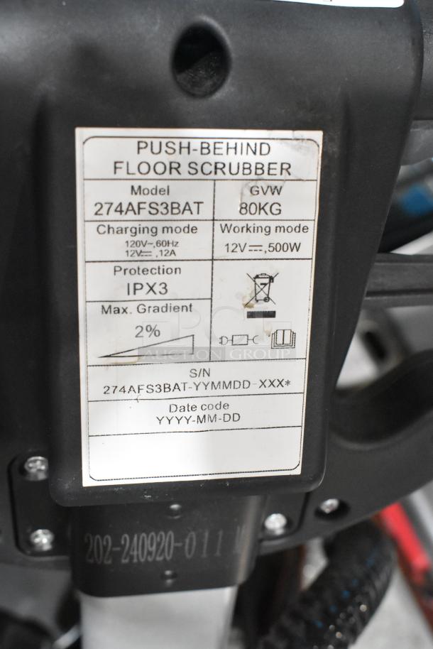 BRAND NEW Lavex 274AFS3BAT 13" AGM Cordless Floor Scrubber shown, model label detailing specs and protection level IPX3.