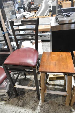 Five new bar height chairs: 4 wooden stools, 1 black metal chair. Visible minor scratches and dents. Auction tag number 266 displayed.