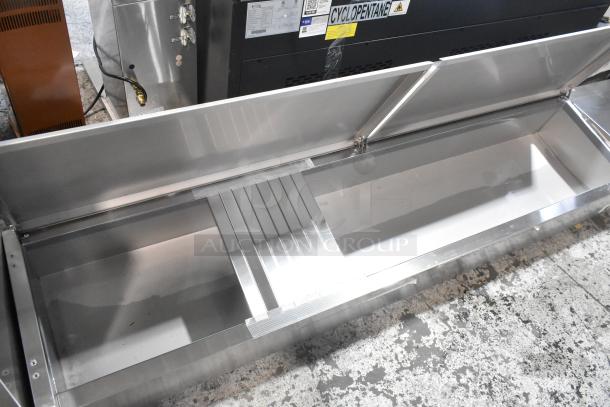 BRAND NEW Avantco 360CPT80 stainless steel 80" countertop refrigerated prep rail, showing interior storage space.