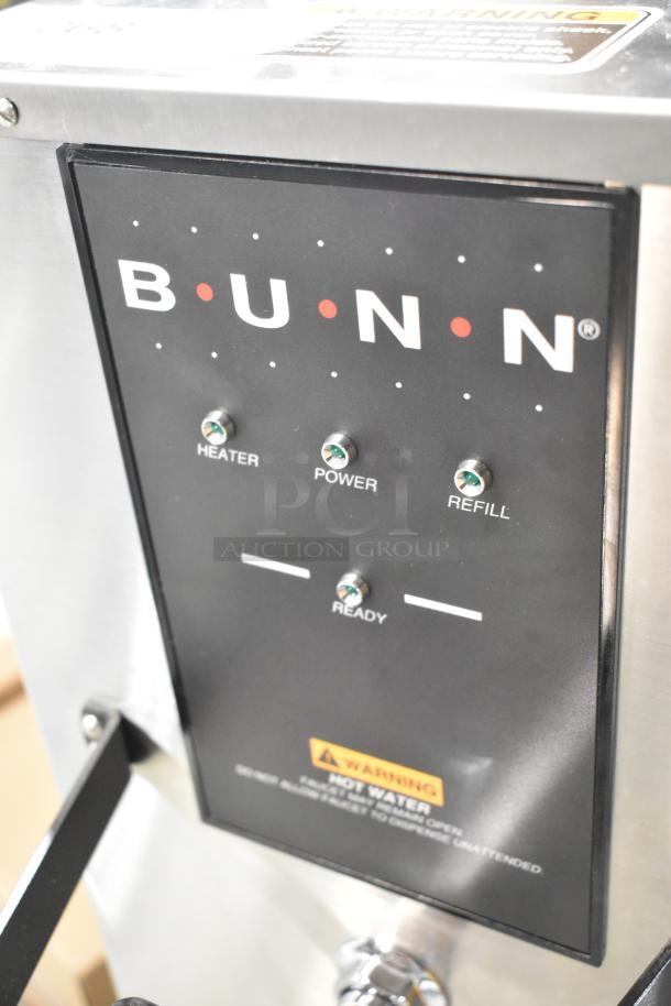 Brand new Bunn H10X-80-240 hot water dispenser, 10-gallon capacity, 240V, 1 phase. Control panel with heater, power, refill indicators.