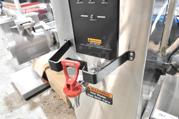 Brand new Bunn 26300.0000 H10X-80-240 10 Gallon Hot Water Dispenser with scratch and dent, 240V, 1 Phase, red water lever.