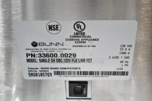 BRAND NEW Bunn 33600.0029 BrewWISE Single SH DBC Brewer label showing NSF, UL listings, and specifications.