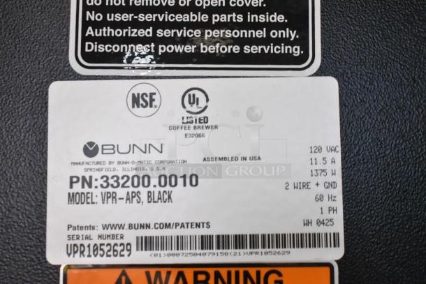 Label on Bunn 33200.0010 VPR-APS coffee brewer showing model, voltage, and certifications. NSF and UL listed.