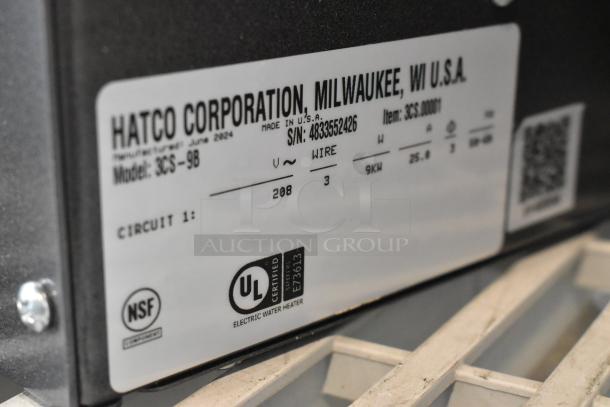 BRAND NEW Hatco 3CS-9B, 9 kW sanitizing sink heater, 208V, 3-phase. NSF certified. Model and serial details visible.
