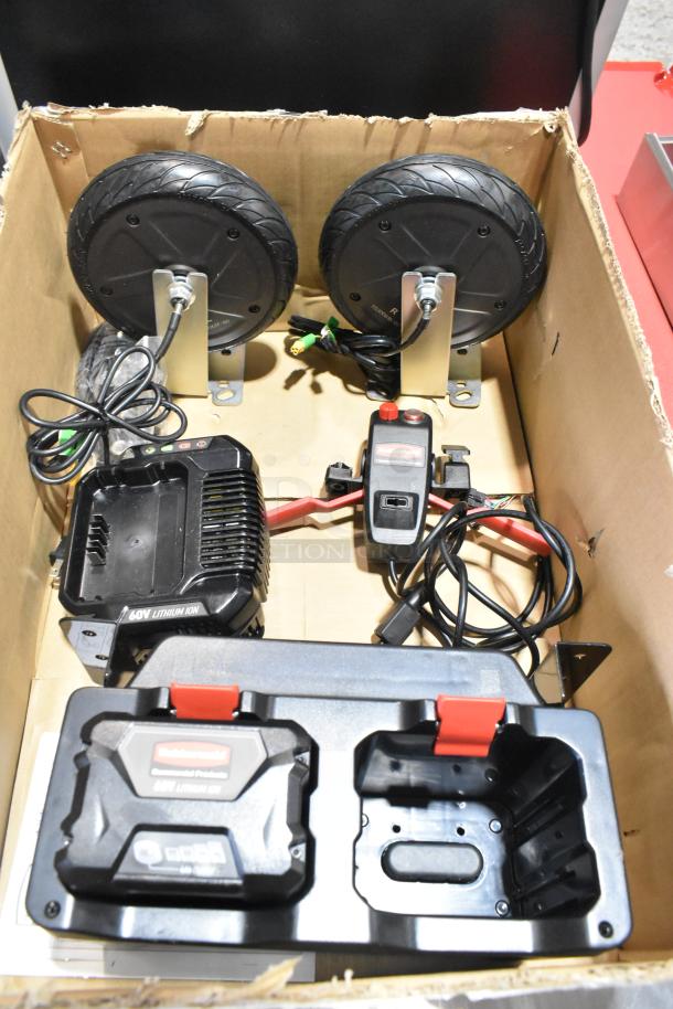 BRAND NEW Rubbermaid Power Kit for Housekeeping Cart, model 6189 / 6190, includes wheels, charger, and controls; minor dents.