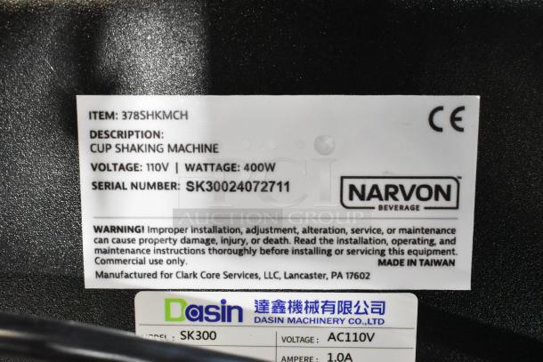 Brand new Narvon 378SHKMCH bubble tea shaking machine, 110V, scratch and dent condition, CE certified label shown.