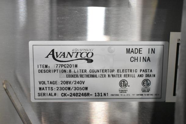 BRAND NEW 2024 Avantco 177PC201M Stainless Steel Electric Pasta Cooker, 8L, 208/240V, with scratch and dent condition label.