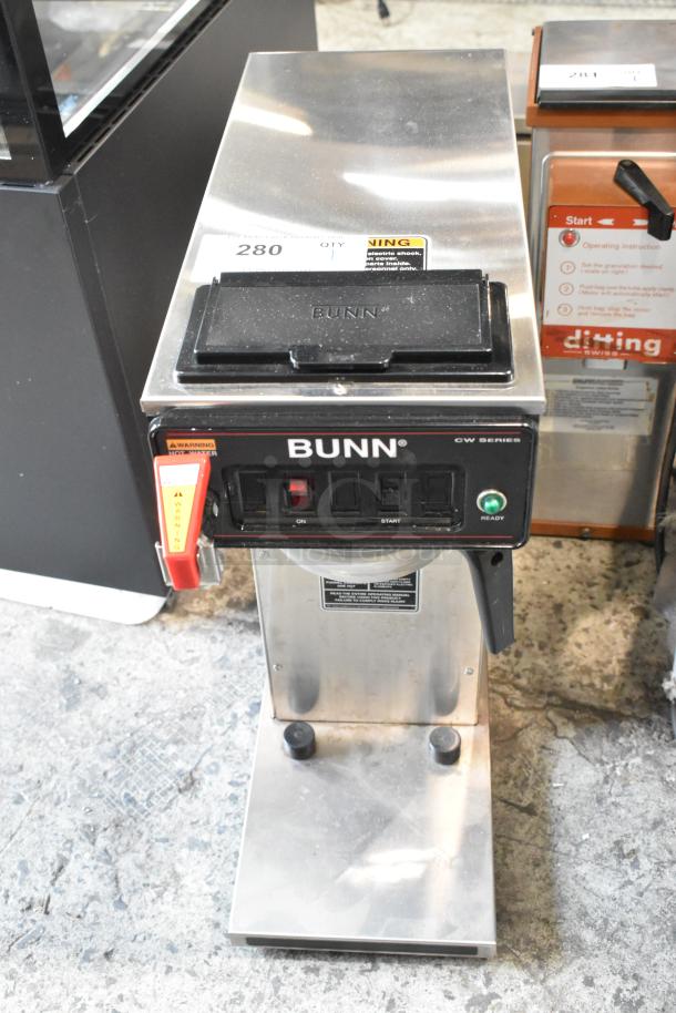 2017 Bunn CWTF-APS DV stainless steel coffee machine with hot water dispenser, metal brew basket, and 120V plug.