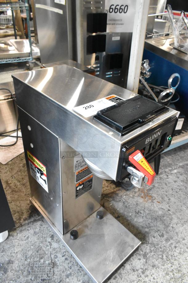 2017 Bunn CWTF-APS DV stainless steel commercial coffee machine, includes hot water dispenser and metal brew basket.